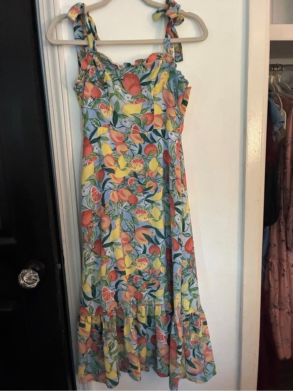 Tie-Shoulder Floral Citrus Maxi Dress in Blue